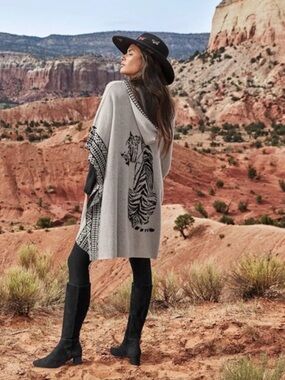 Johnny Was Gray Tiger Hooded Knit Poncho Sweater